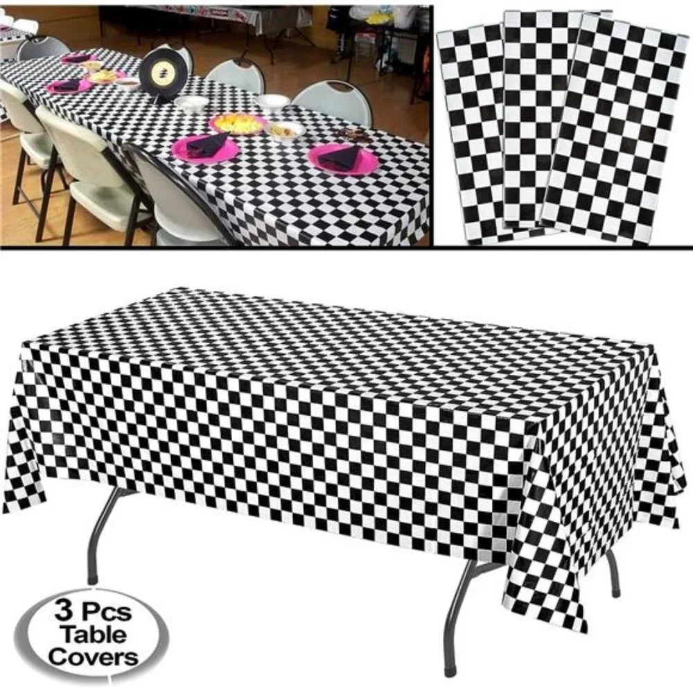 Black Checkered Tablecloth Plastic|3 Pcs Pack -54” Wide x108” Long|Black & White